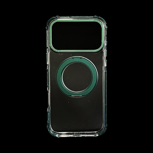 Estuche El Rey Magstand iphone 17 pro max Magsafe transparente borde verde