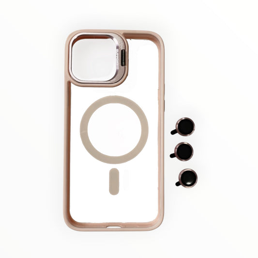Estuche El Rey magsafe stand + vidrio templado de camara color rosado Iphone 13 pro max