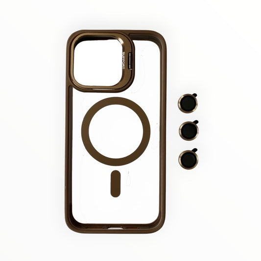 Estuche El Rey magsafe stand + vidrio templado de camara color cafe Iphone 15 pro max