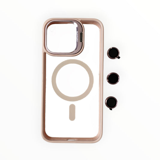Estuche El Rey magsafe stand + vidrio templado de camara color rosado Iphone 16 pro max