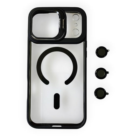 Estuche El Rey magsafe stand + vidrio templado de camara color negro Iphone 17 pro max