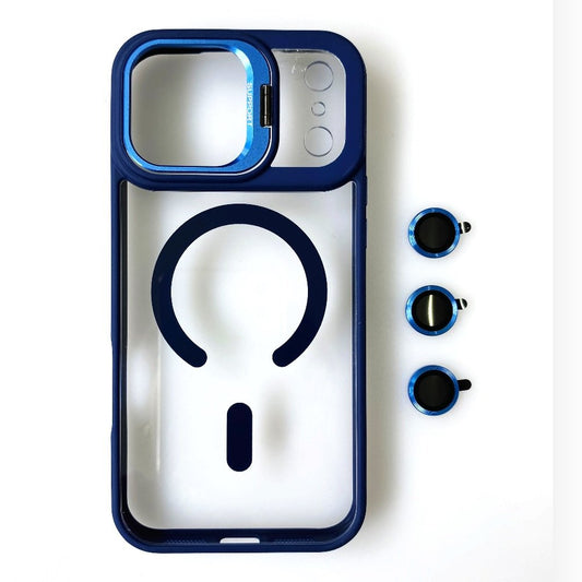 Estuche El Rey magsafe stand + vidrio templado de camara color azul Iphone 17 pro max