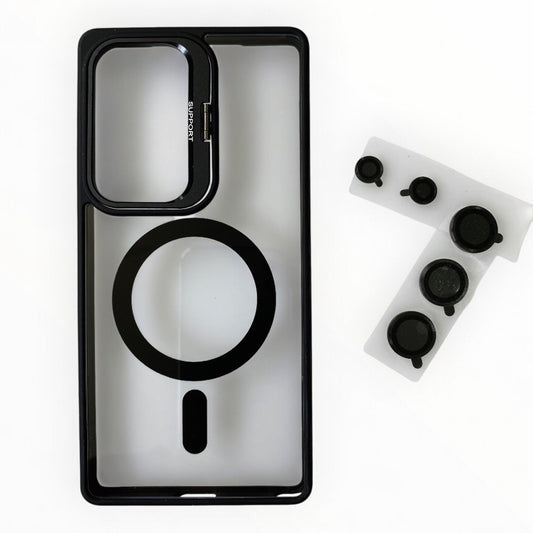 Estuche El Rey magsafe stand + vidrio templado de camara color negro Samsung S25 ultra