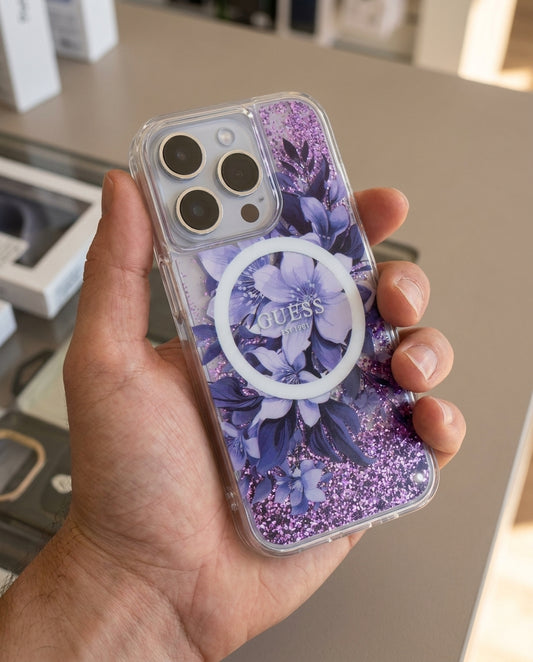 GUESS Hc MagSafe Liq. Glitter Flower Purple iPhone 16 Pro