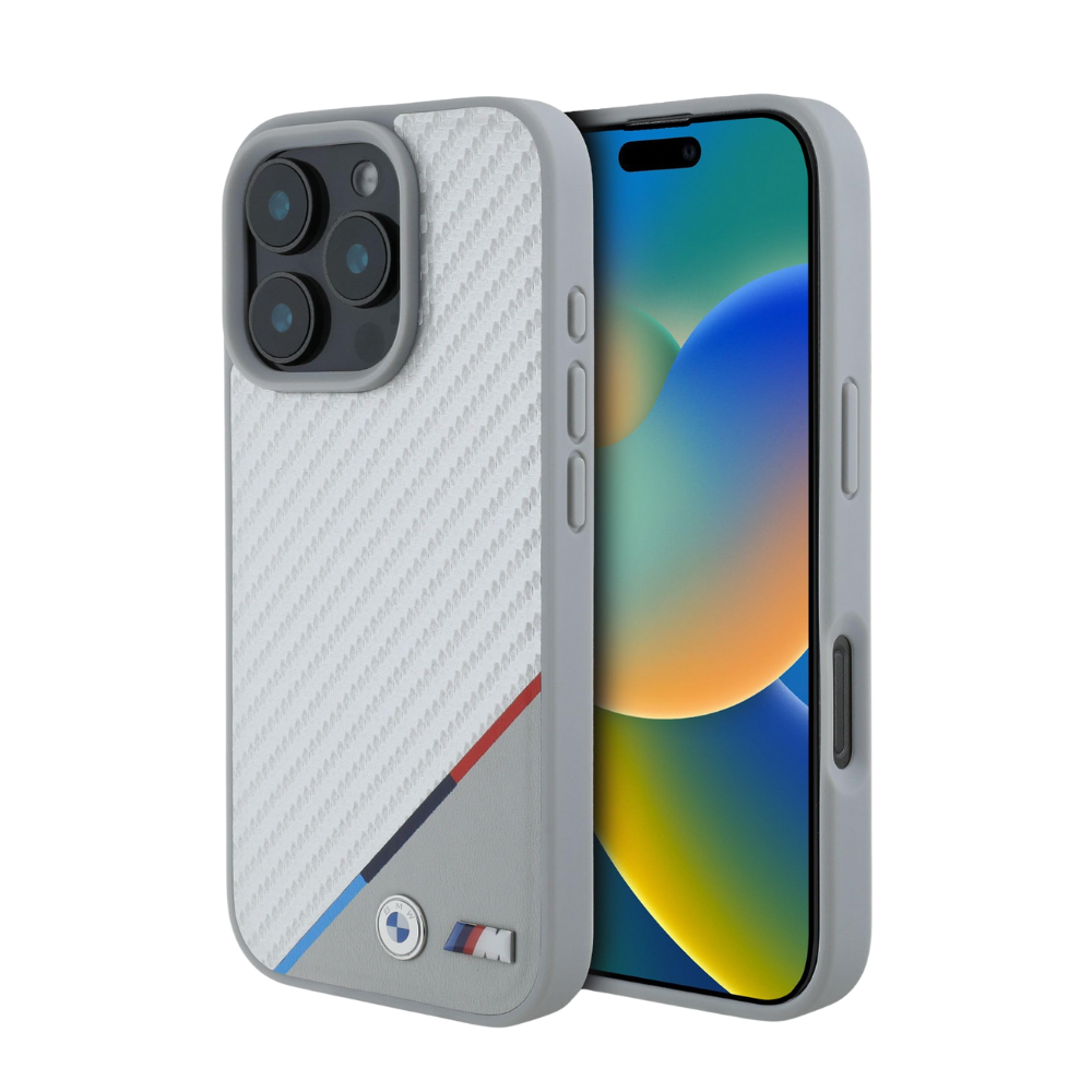 Estuche BMW Hc M MagSafe Carbon Tricolor Grey para iPhone 16 Pro | TOP MOVIL Guatemala