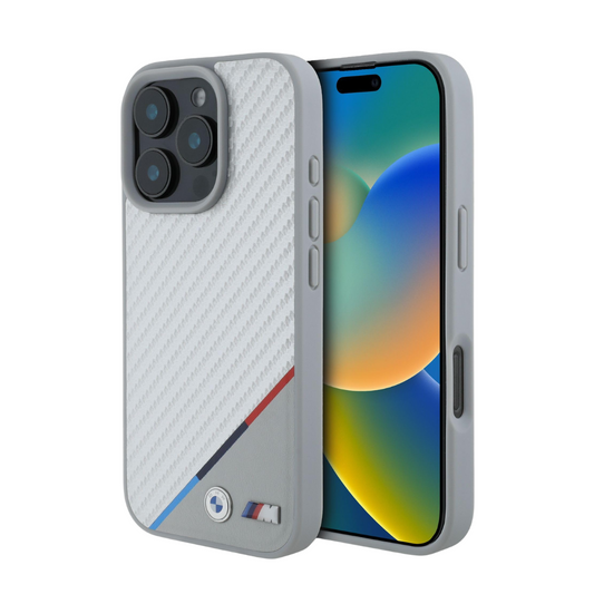 Estuche BMW Hc M MagSafe Carbon Tricolor Grey para iPhone 16 Pro