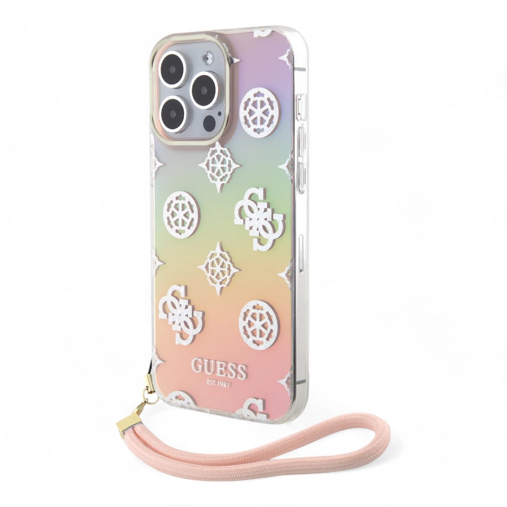 Estuche guess hard case iphone 15 pro  - pc/tpu pink pc tpu iridescent hard case glitter pattern peony cordstrap color rosado