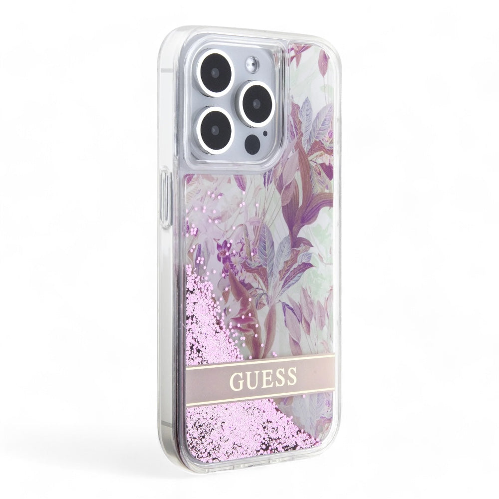 Estuche guess hard case iphone 15 pro  pc/tpu pink hard case liquid glitter flower - guess color transparente