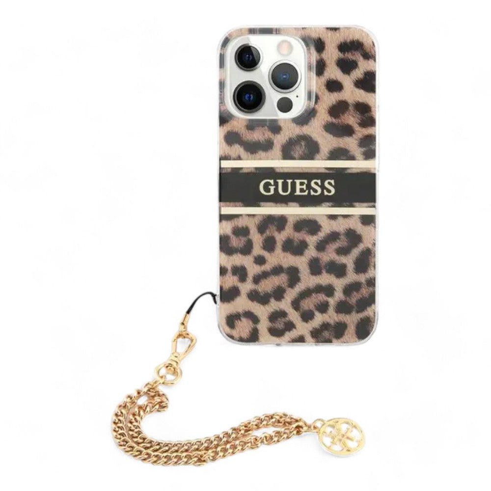 Estuche guess hard case iphone 13 pro hard case leopard print leopard print and stripe with charm chain color multicolor