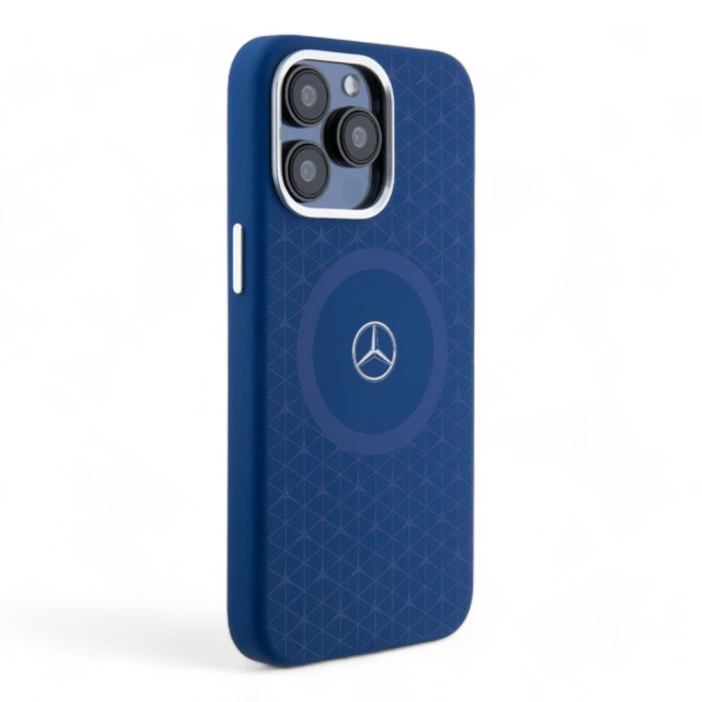 Estuche mercedes-benz magsafe iphone 15 pro max liquid silicone navy blue magsafe compatible with mini star pattern  color azul marino