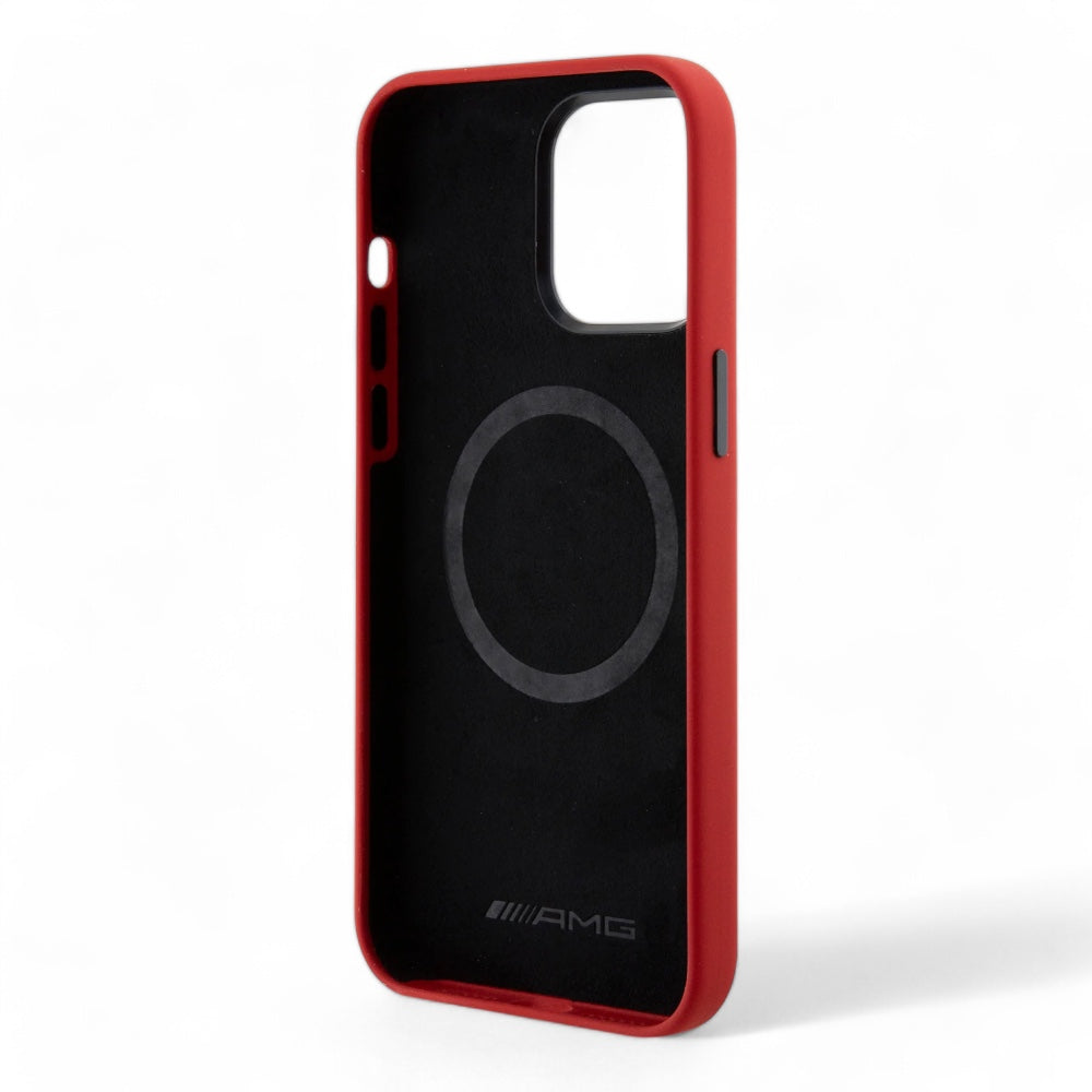 Estuche amg silicone magsafe case vertical logo pattern iphone 15 pro max color rojo