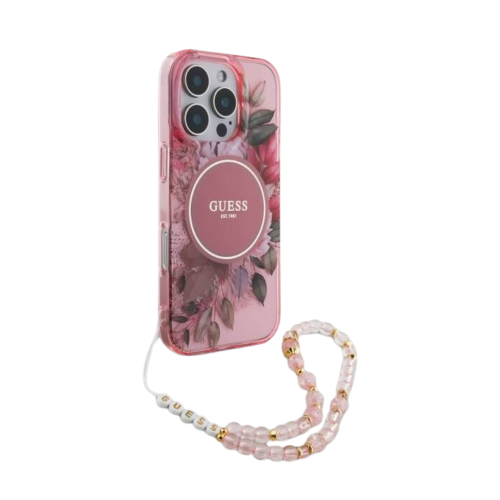 Estuche GUESS Hc MagSafe Iml Flowers con Strap de Perlas - Rosa - 0760000004