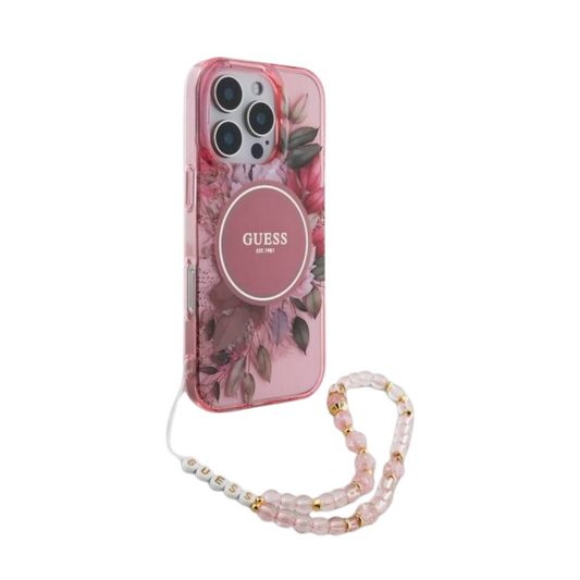 Estuche GUESS Hc MagSafe Iml Flowers con Strap de Perlas - Rosa - 0760000004