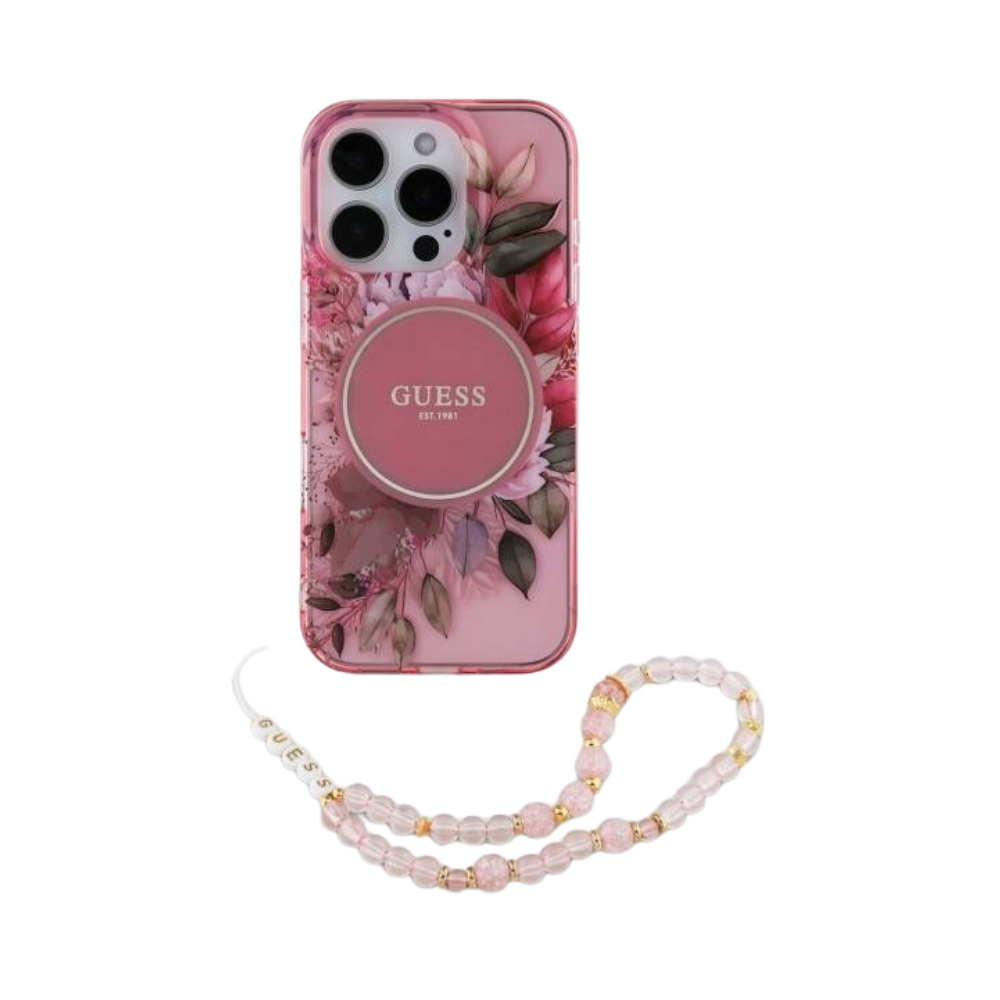 Estuche GUESS Hc MagSafe Iml Flowers con Strap de Perlas - Rosa - 0760000004