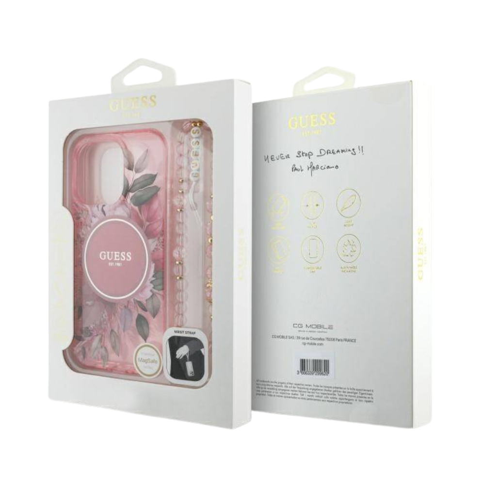 Estuche GUESS Hc MagSafe Iml Flowers con Strap de Perlas - Rosa - 0760000004