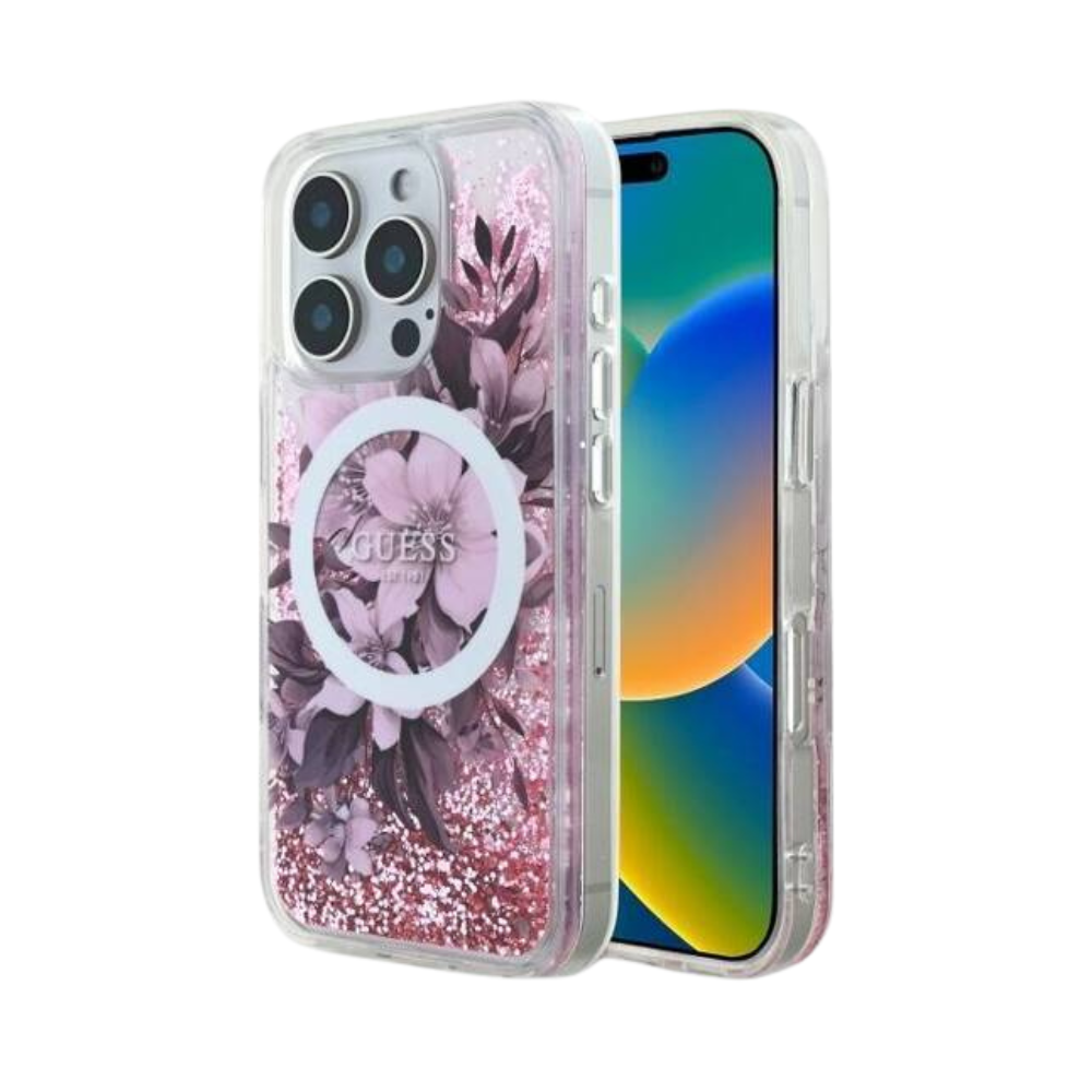 Estuche GUESS Hc MagSafe Glitter Flower Pink para iPhone 16 Pro - 0760000008