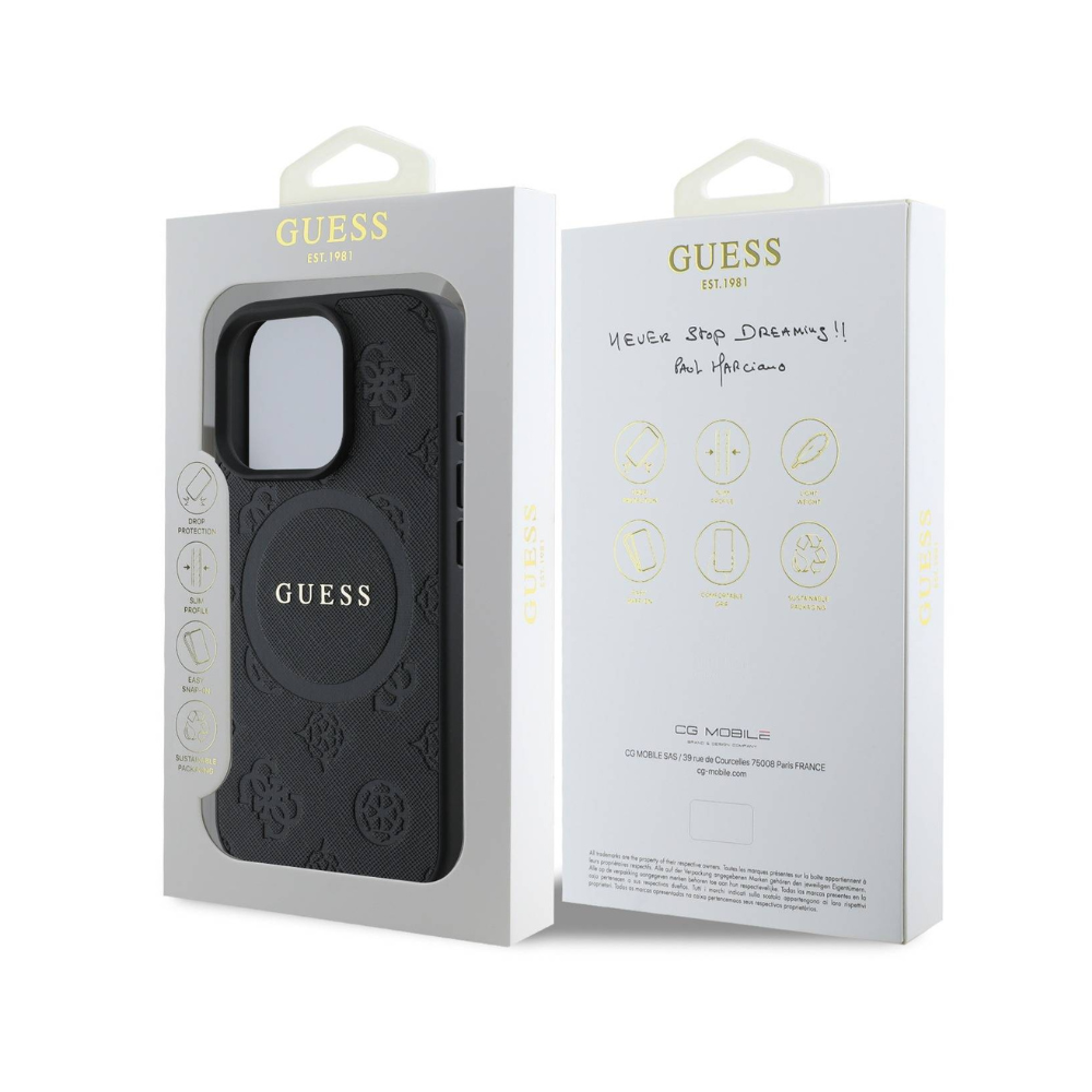 Guess hc magsafe saffiano peony classic logo black iphone 16 pro