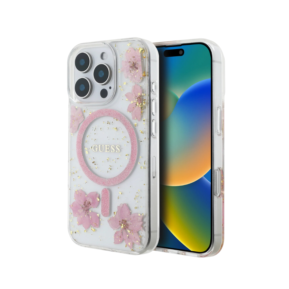 Estuche GUESS Hc MagSafe Resin Flowers Pink para iPhone 16 Pro - 0760000016