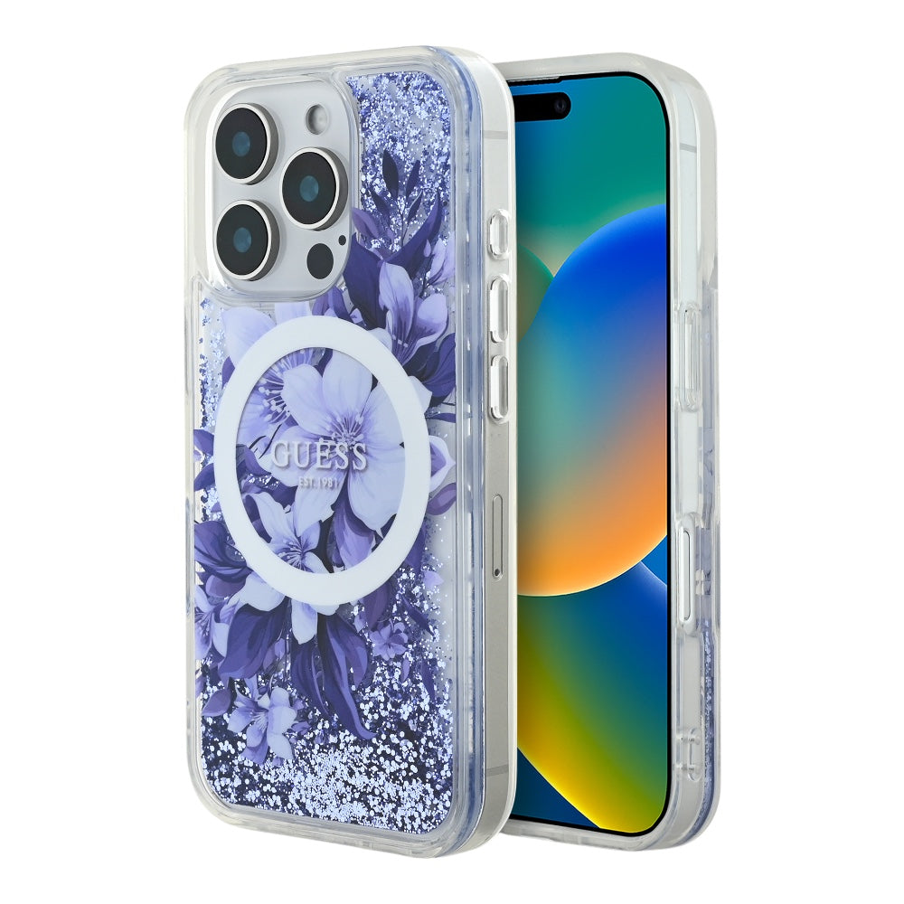 Estuche GUESS Hc MagSafe Liq. Glitter Flower Purple - 0760000019