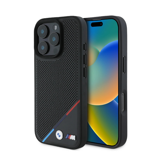 BMW hc m magsafe pu perforated tricolor line black iphone 16 pro