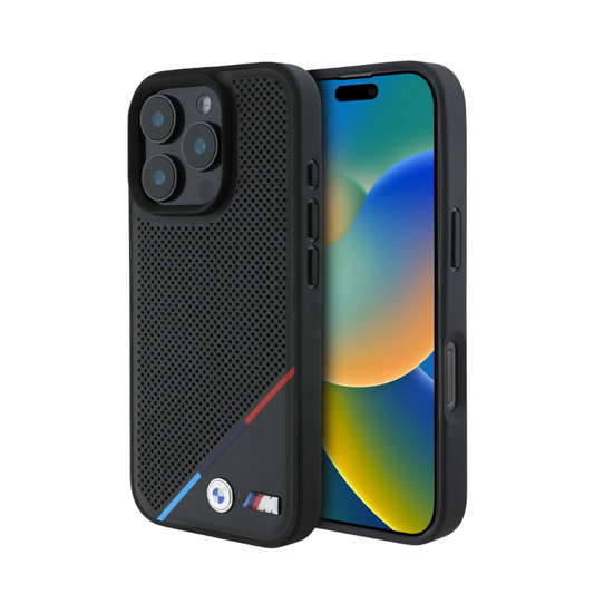 BMW hc m magsafe pu perforated tricolor line black iphone 16 pro max