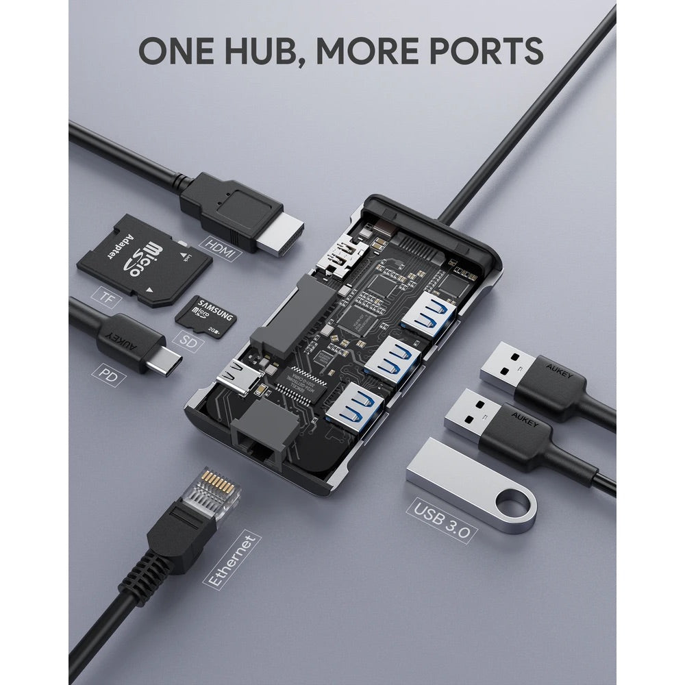 Adaptador Aukey Hub 8 en 1 USB-C para Tablet y Computadora - AUK24