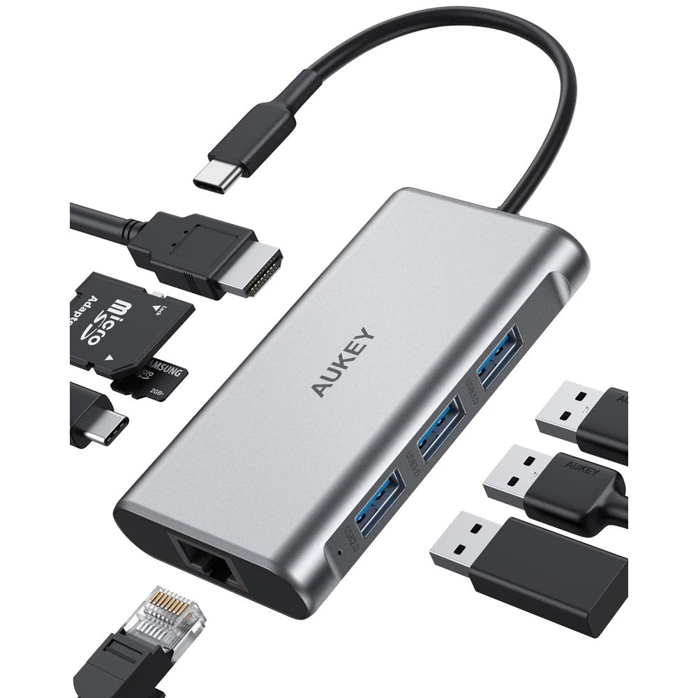 Adaptador aukey hub 8 en 1 con usb c para tablet o computadora - TOP MOVIL