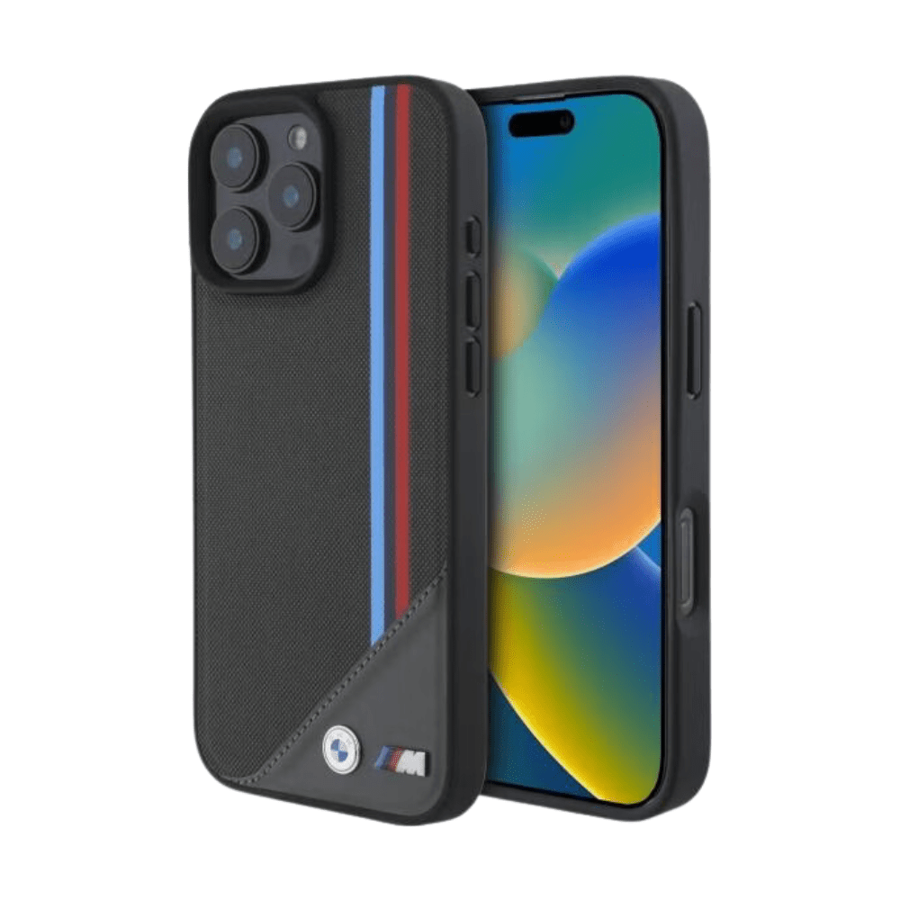 BMW hc m magsafe pu meshed tricolor stripes antracite iphone 16 pro max - TOP MOVIL