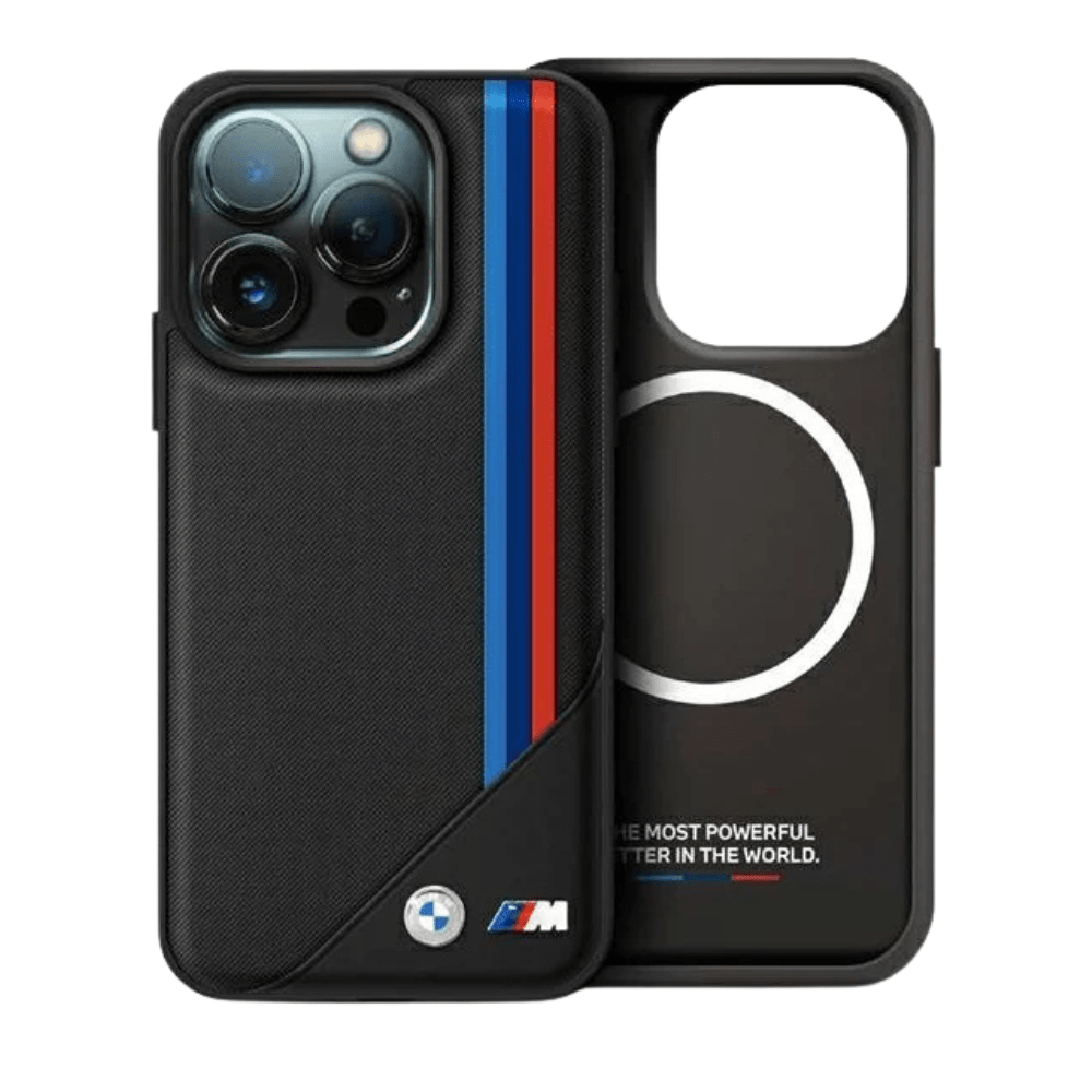 BMW hc m magsafe pu meshed tricolor stripes black iphone 16 pro - TOP MOVIL