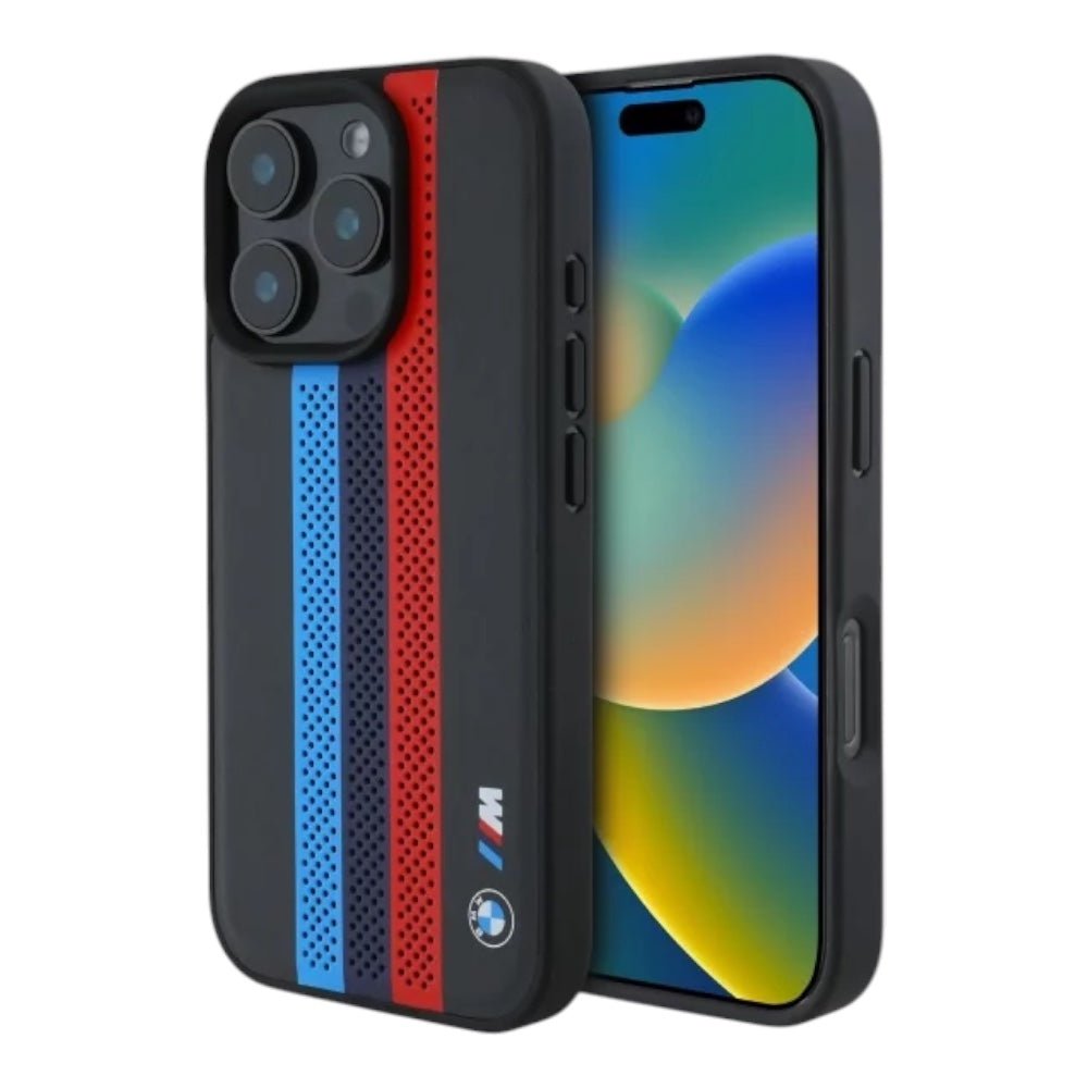 BMW hc m magsafe pu perf. tricolor printed stripes black iphone 16 pro max - TOP MOVIL