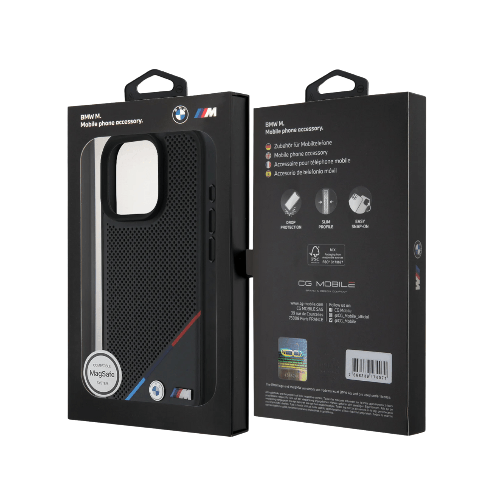 BMW hc m magsafe pu perforated tricolor line black iphone 16 pro max - TOP MOVIL