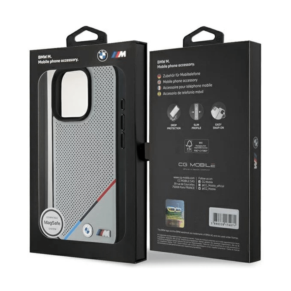 BMW hc m magsafe pu perforated tricolor line grey iphone 16 pro - TOP MOVIL