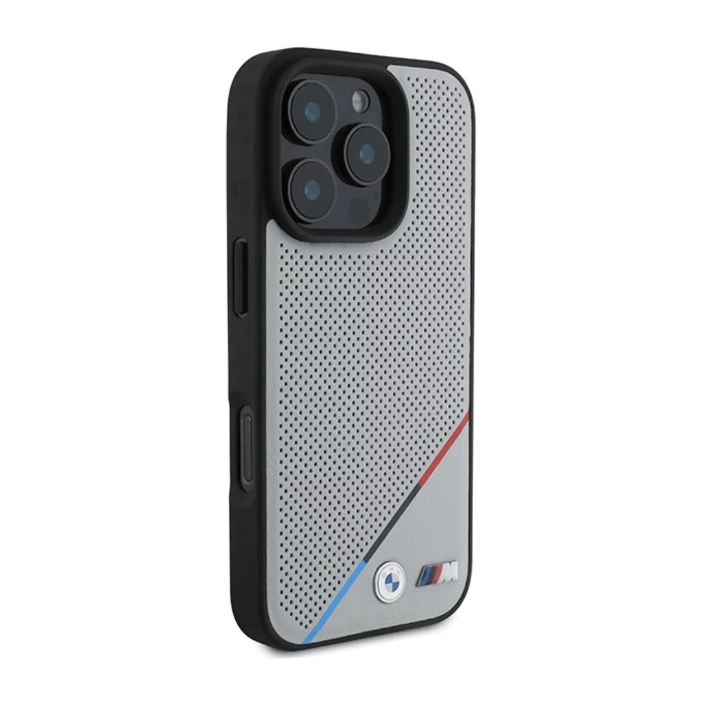 BMW hc m magsafe pu perforated tricolor line grey iphone 16 pro - TOP MOVIL