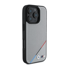 BMW hc m magsafe pu perforated tricolor line grey iphone 16 pro - TOP MOVIL