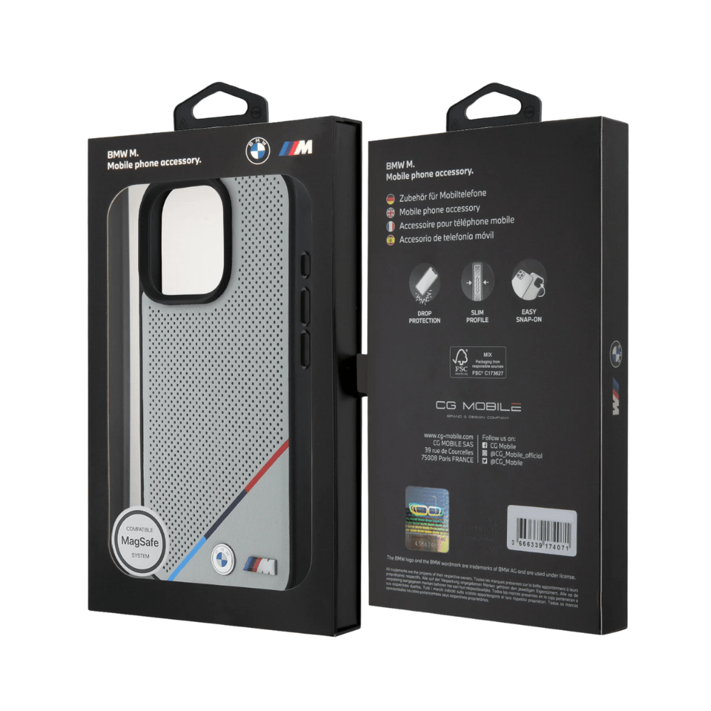 BMW hc m magsafe pu perforated tricolor line grey iphone 16 pro max - TOP MOVIL