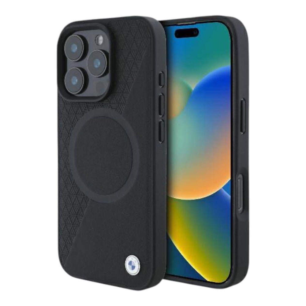 BMW hc sign magsafe leather half textured and circle black iphone 16 pro max - TOP MOVIL