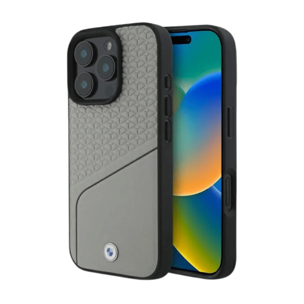 BMW hc sign magsafe leather textured and line grey iphone 16 pro max - TOP MOVIL