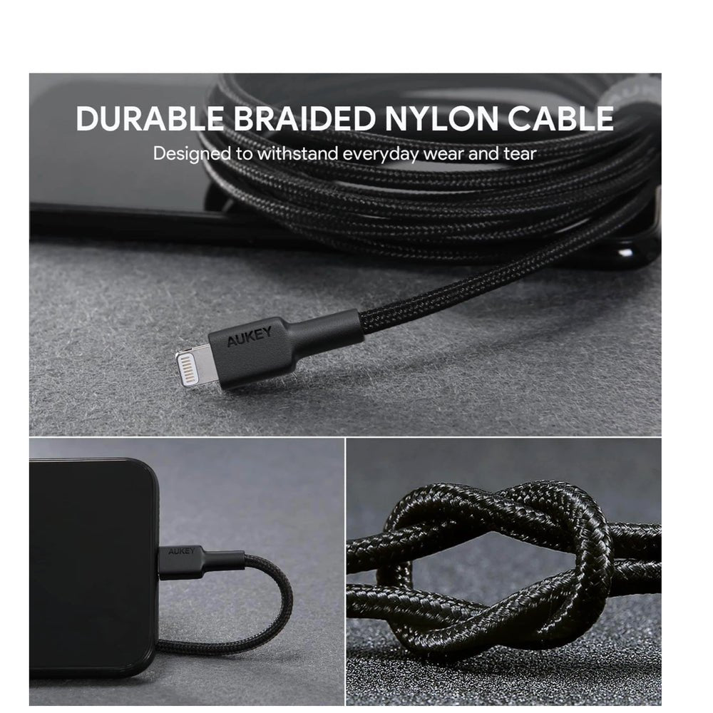 Cable aukey adaptador de 2mts brained nylon usb a a lightning color negro - TOP MOVIL