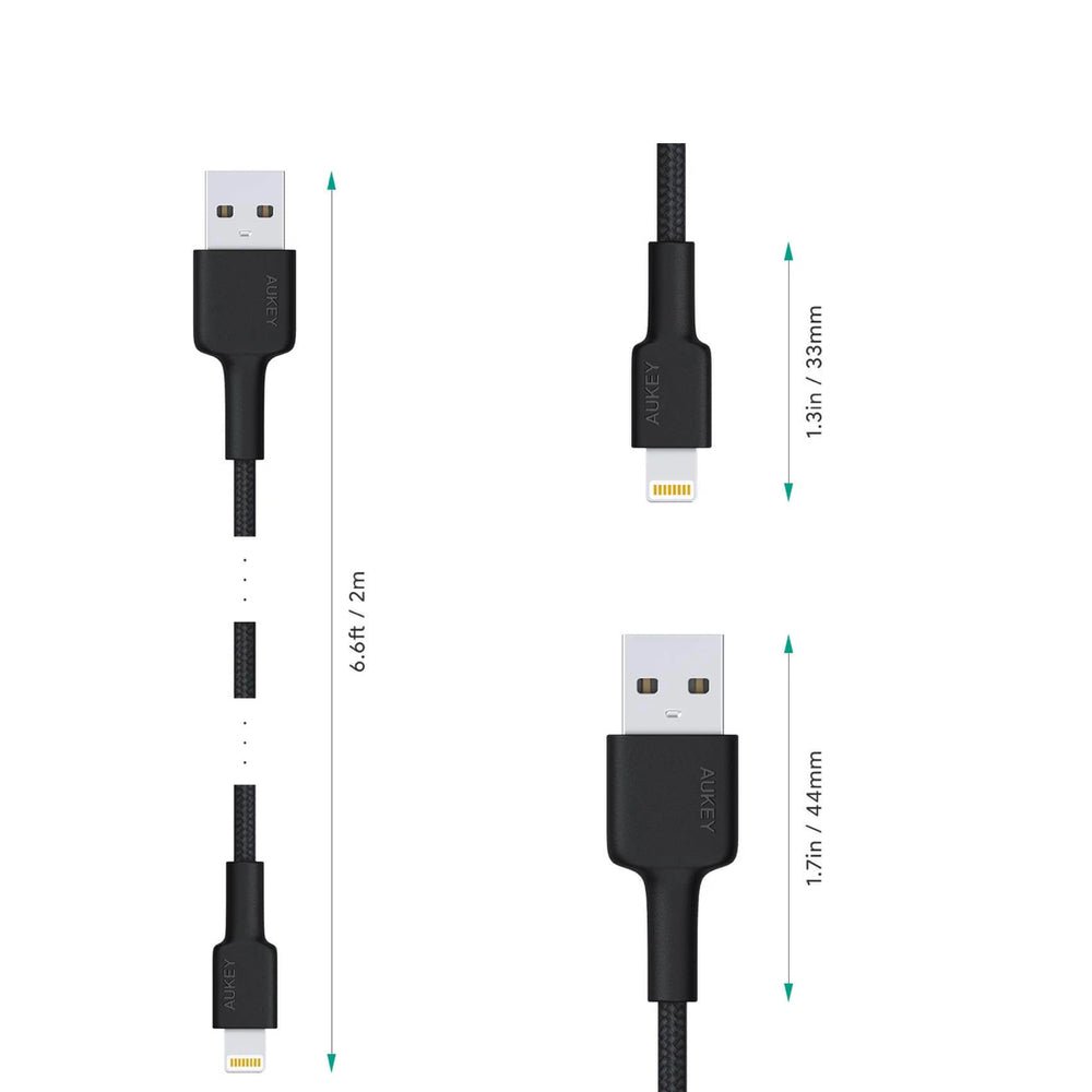 Cable aukey adaptador de 2mts brained nylon usb a a lightning color negro - TOP MOVIL