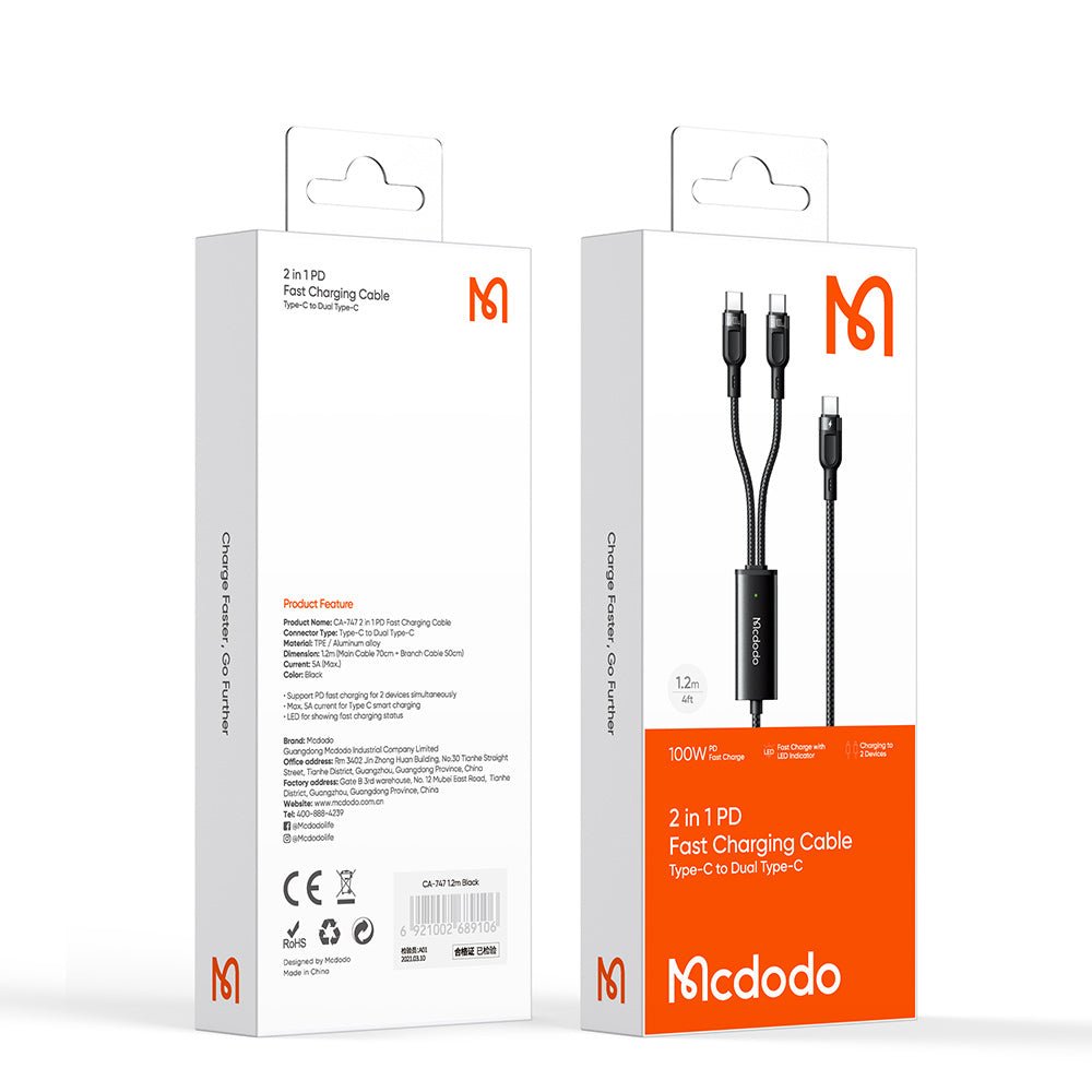 Cable Mcdodo Adaptador Tipo C A Dual Tipo C 1.2M Negro - TOP MOVIL