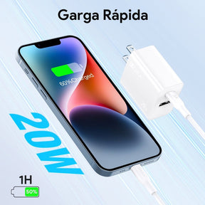 Cargador 1hora pared doble puerto usb c y usb a 20w y cable lighting gar163 color blanco - TOP MOVIL