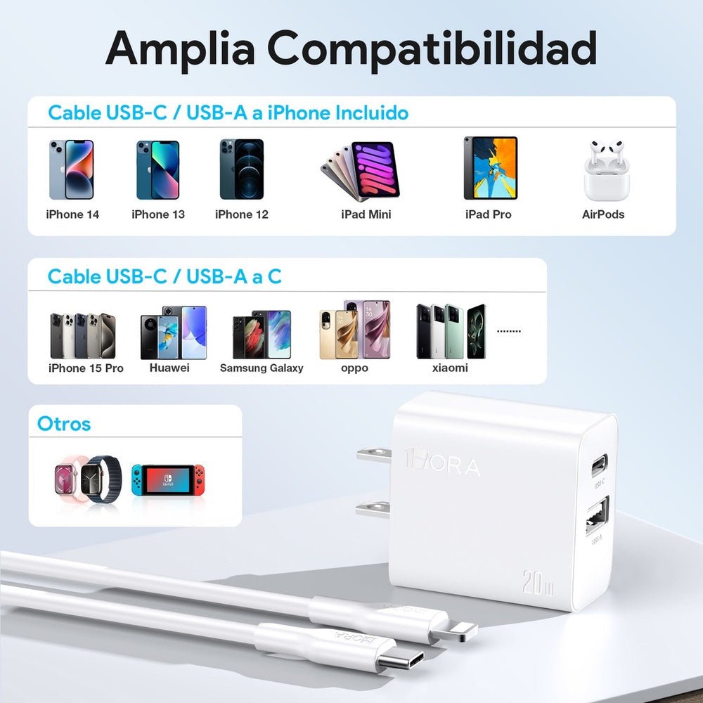 Cargador 1hora pared doble puerto usb c y usb a 20w y cable lighting gar163 color blanco - TOP MOVIL