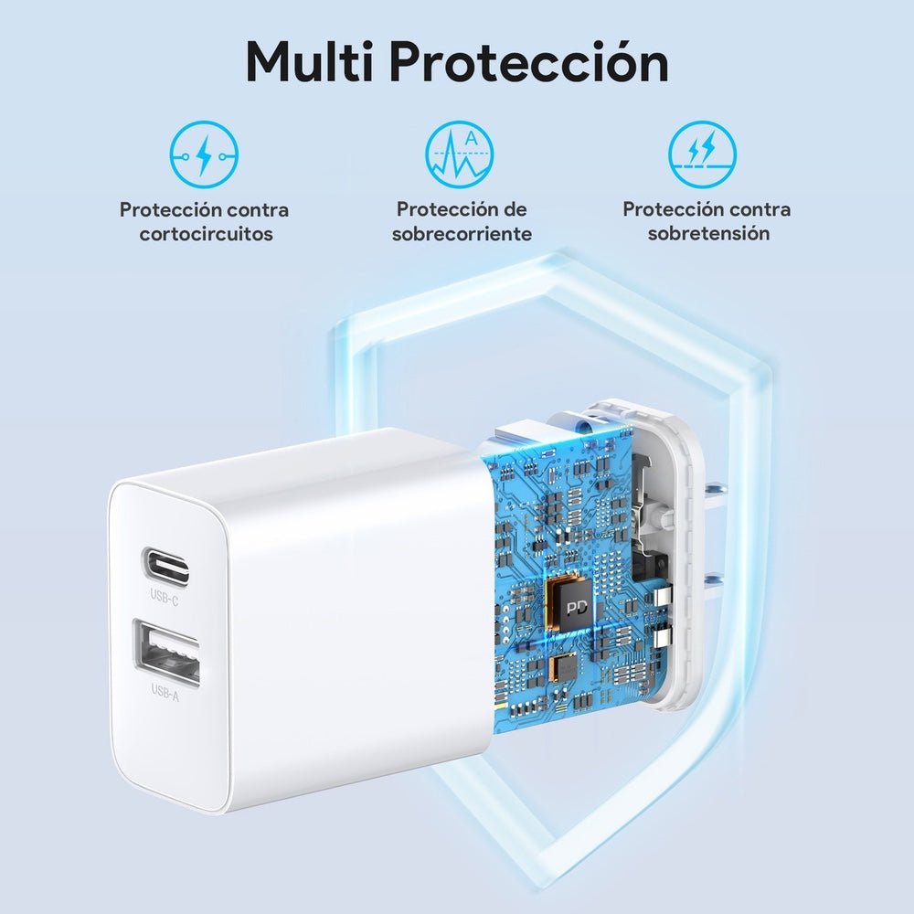 Cargador 1hora pared doble puerto usb c y usb a 20w y cable lighting gar163 color blanco - TOP MOVIL