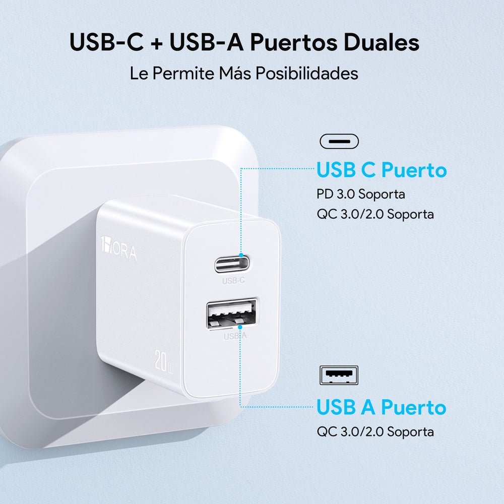 Cargador 1hora pared doble puerto usb c y usb a 20w y cable lighting gar163 color blanco - TOP MOVIL