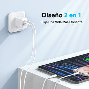 Cargador 1hora pared doble puerto usb c y usb a 20w y cable lighting gar163 color blanco - TOP MOVIL