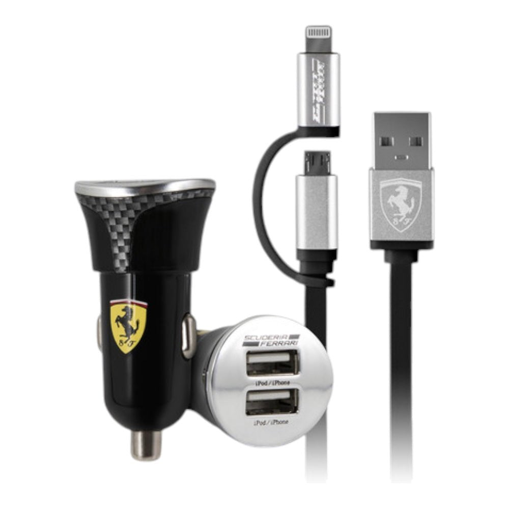 Cargador ferrari carro car charger - black pack carbon + mfi 2in1 cable color negro - TOP MOVIL