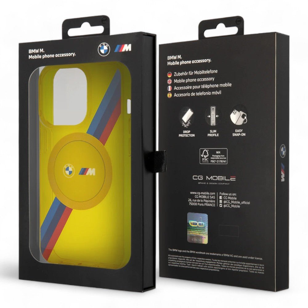 Estuche bmw magsafe iphone 15 pro pc/tpu yellow hard case magsafe m tricolor stripes color amarillo - TOP MOVIL