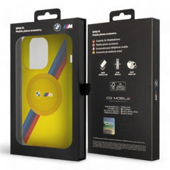 Estuche bmw magsafe iphone 15 pro pc/tpu yellow hard case magsafe m tricolor stripes color amarillo - TOP MOVIL