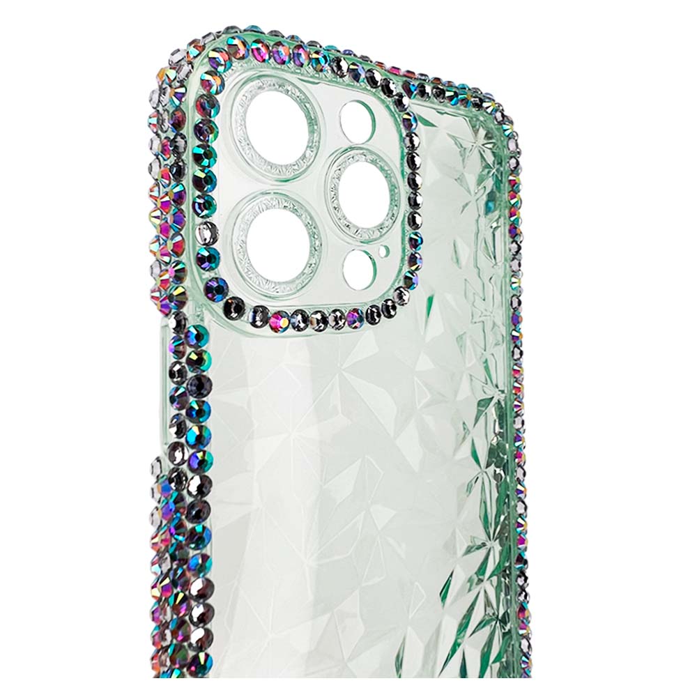 Estuche el rey marco iphone 14 pro max diamantes transparentes color verde - TOP MOVIL