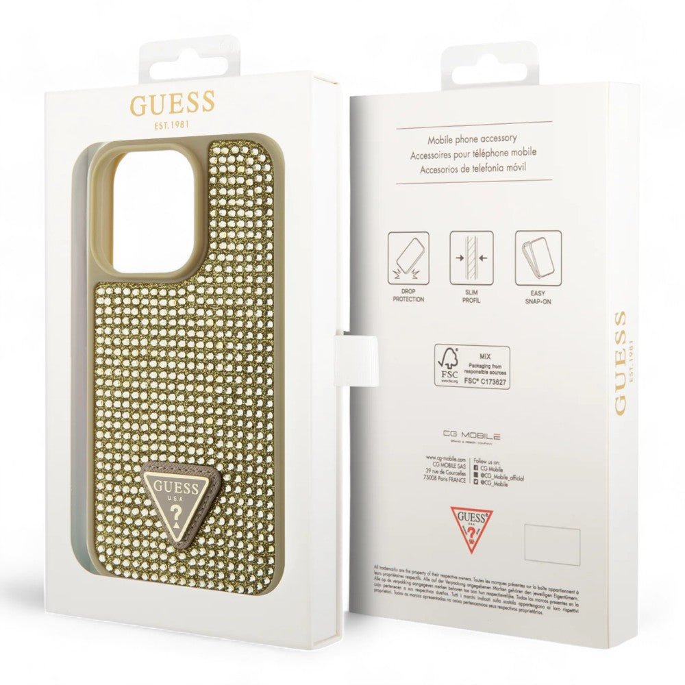 Estuche Guess Hard Case Iphone 15 Pro Pc/Tpu Gold Hard Case Rhinestone Triangle Color Dorado - TOP MOVIL